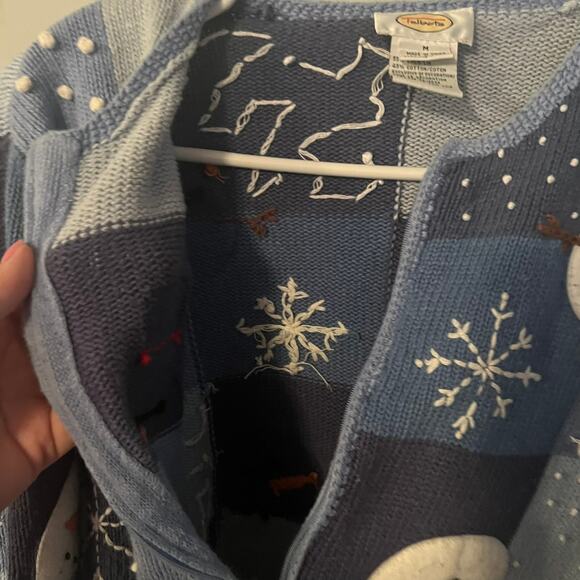 Talbots Full Zip Snowman Winter Cardigan Sweater Womens Size Medium Blue & White - Picture 5 of 8